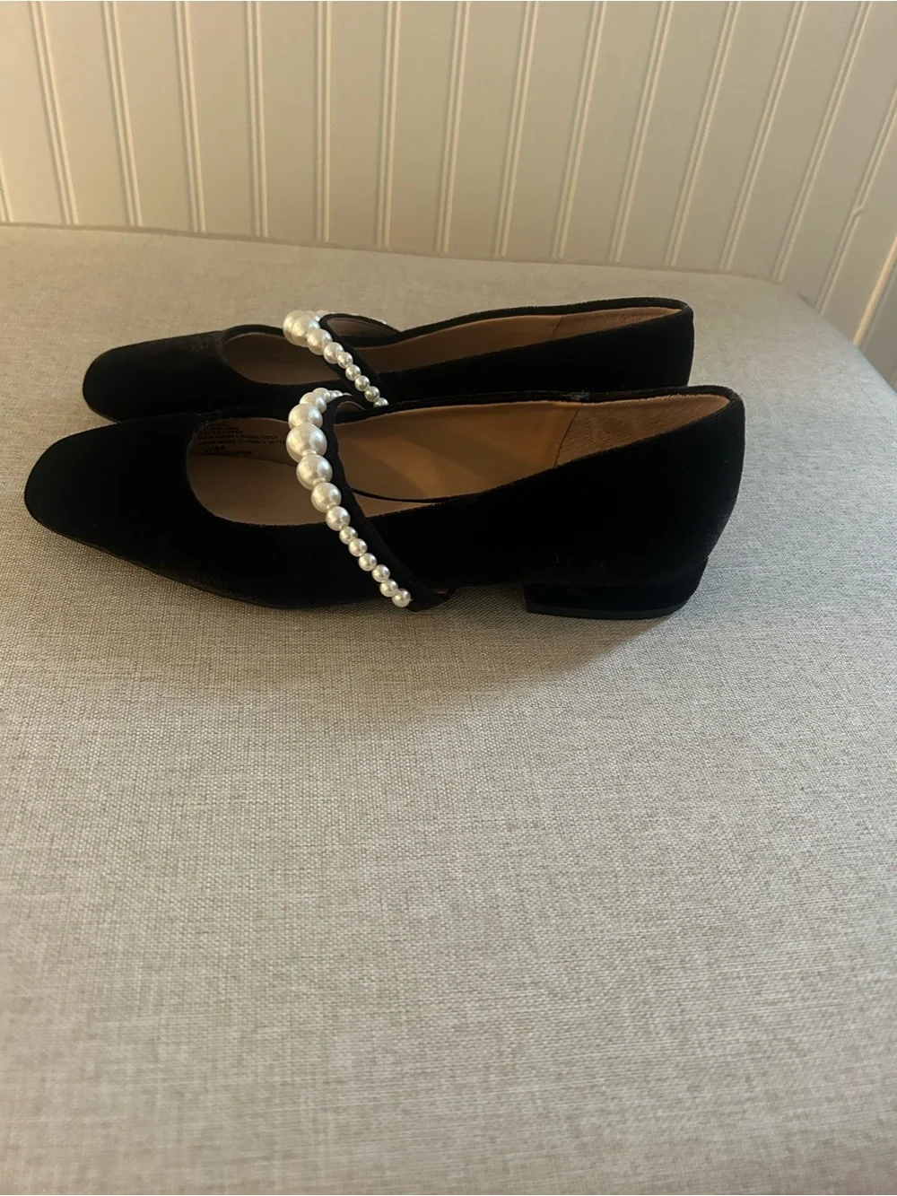 Black Pearl-Strap Velvet Mary Jane Flats